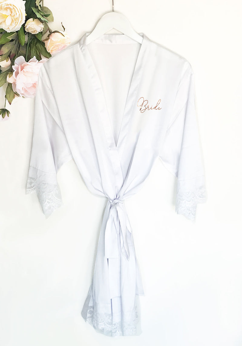 Bridal Party Satin Lace Robe- Front Text