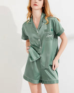 green silk short pajama with front text