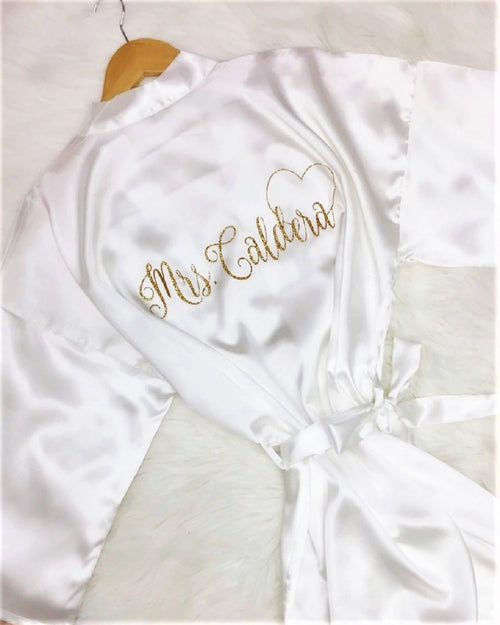 last name bride white silk robe
