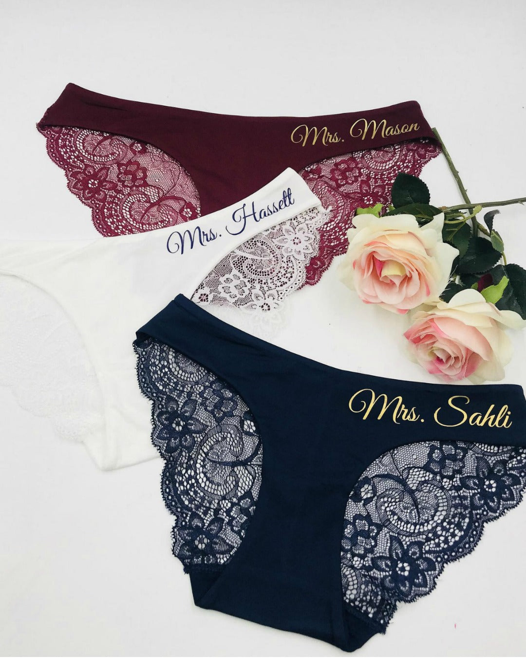 Honeymoon Underwear Lingerie Set (3 Pairs) - Bridal Shower Gifts -  Customized Bride Thongs - Wedding Day Panties - Mrs. est 2023 Panty Game by  Joy & Chaos